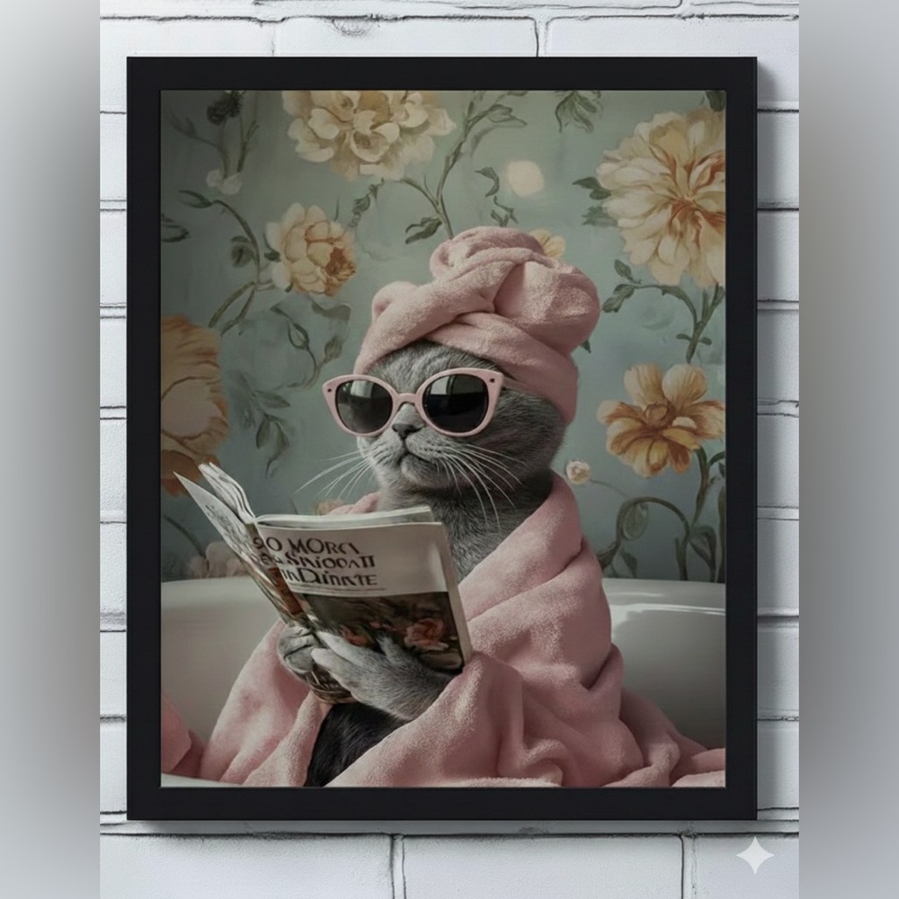 Framed Pink Spa Cat Art Print - Cozy Cat Wall Decor